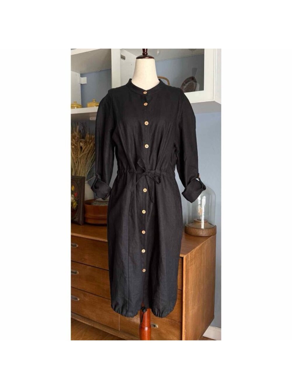 100% Linen Midi Shirtdress Dress Black Size S Button Front Minimalist